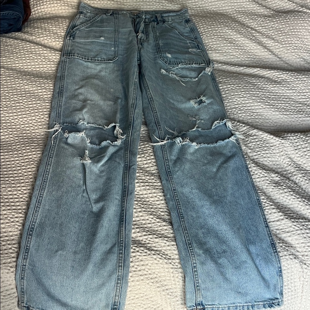 Zara Women's Light Blue Distressed Wide-Leg Jeans